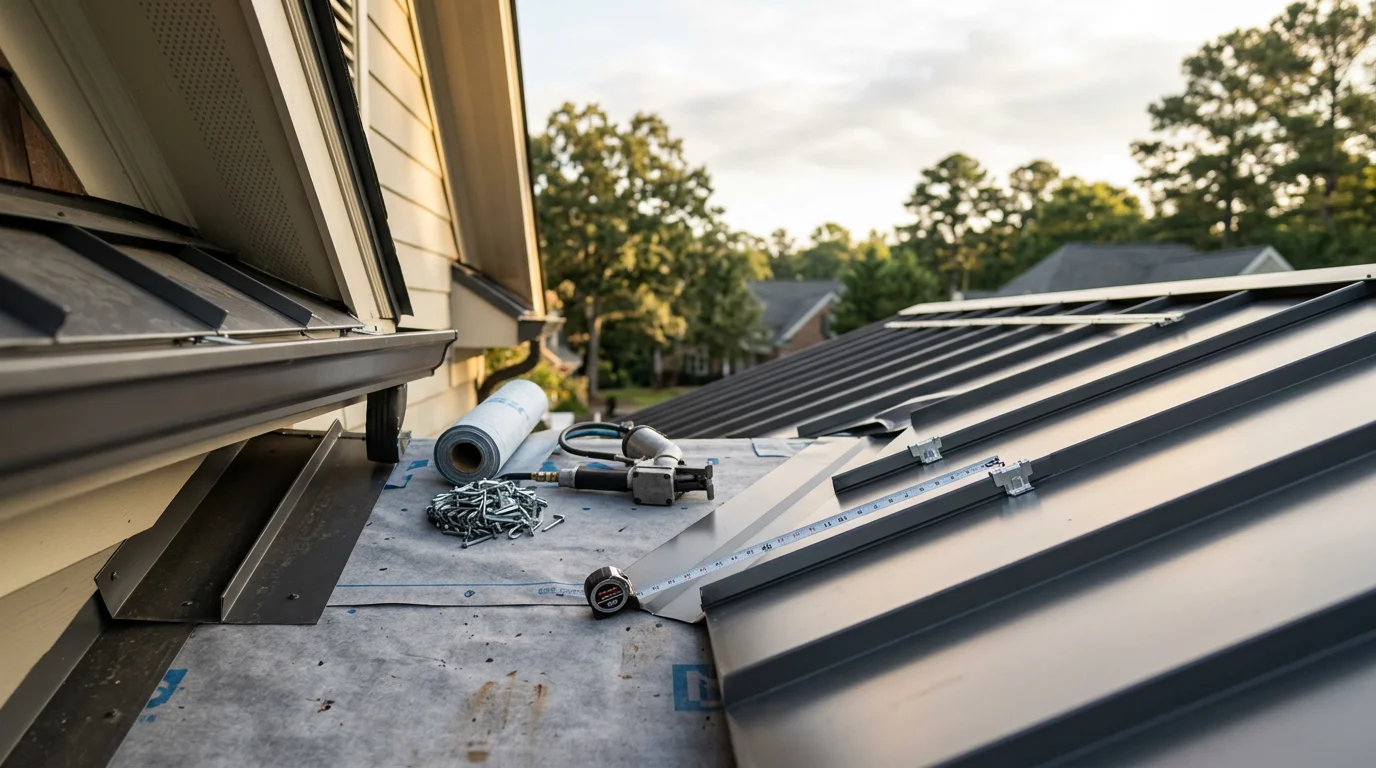 Standing seam metal roof with clean vertical panels and concealed fasteners installed on a residential home in Raleigh, NC. The roof shows tight panel seams and a smooth surface typical of Triangle-area standing seam installations.