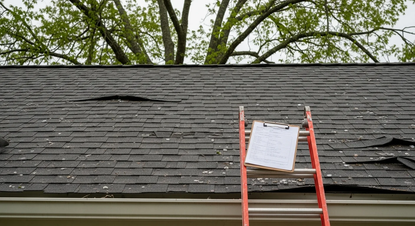 A Raleigh, NC residential roof showing wind-lifted shingles and hail impact marks along the upper slope after a severe thunderstorm. A roofing contractor from Roof Puppy LLC inspects the damaged field and documents findings for the homeowner's insurance claim.