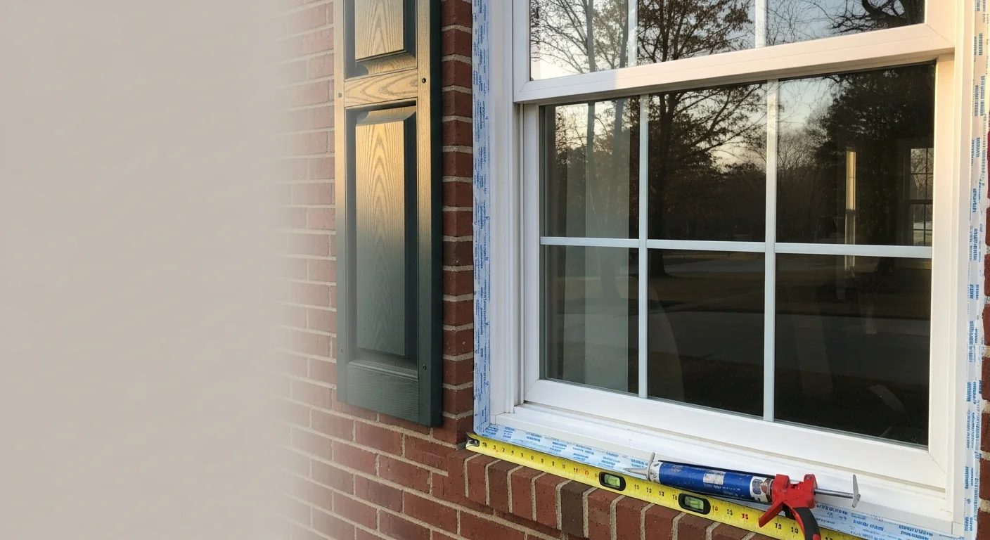 A Roof Puppy LLC installer fitting a storm window onto the exterior frame of a single-story Raleigh, NC home. The window sits flush against the original frame with no visible gaps, showing a clean finished installation.