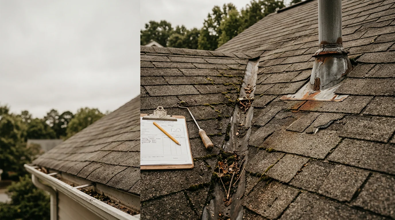 A roofing contractor from Roof Puppy LLC inspecting shingles and flashing on a residential roof in Raleigh, NC. Close-up view of roof surface showing detailed examination of a Triangle-area home.