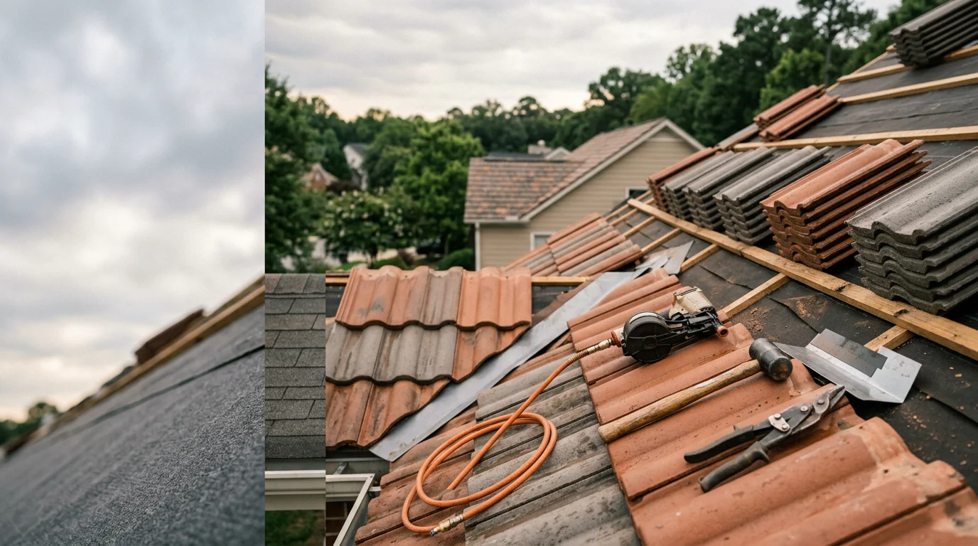 A residential home in Raleigh, NC with a completed clay tile roof installation showing clean ridge lines and uniform tile placement. The roof is photographed from street level against a partly cloudy Triangle sky.