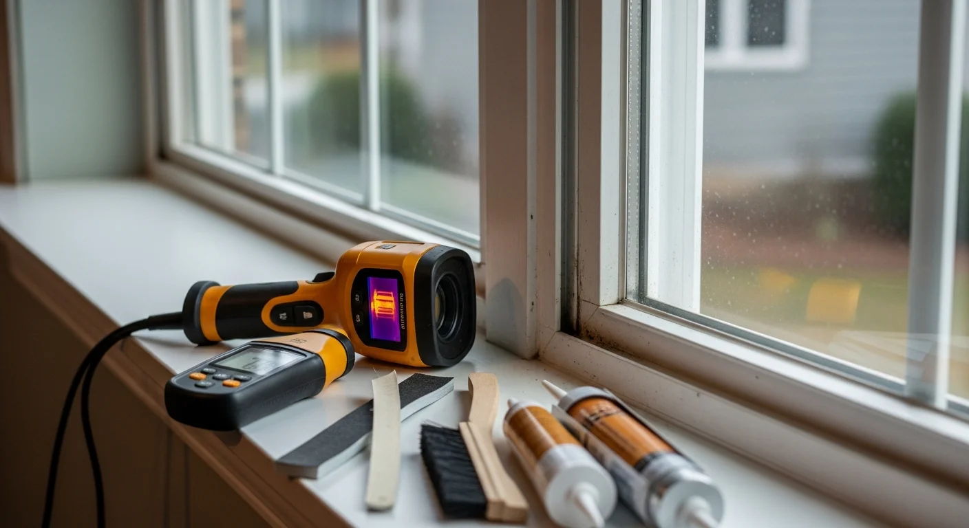 A Roof Puppy LLC technician inspecting a residential window frame for seal failure and moisture damage on a home in Raleigh, NC. Close-up view shows the technician examining the corner of a window frame for signs of warping and air gaps.