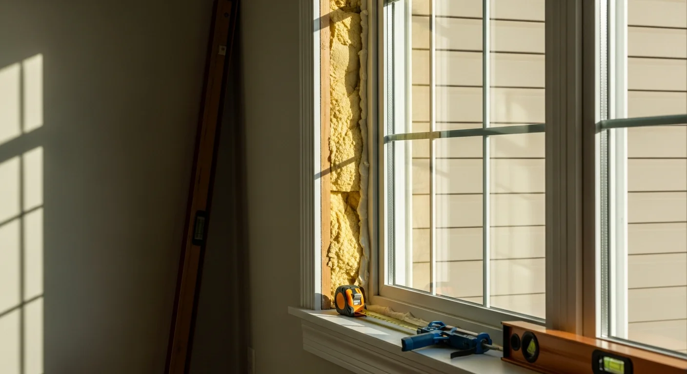 A newly installed window on a residential home in Raleigh, NC, showing a clean frame fit flush against the exterior wall with no visible gaps or caulk gaps. The interior view shows a tight seal around the frame with fresh trim work against a painted wall.