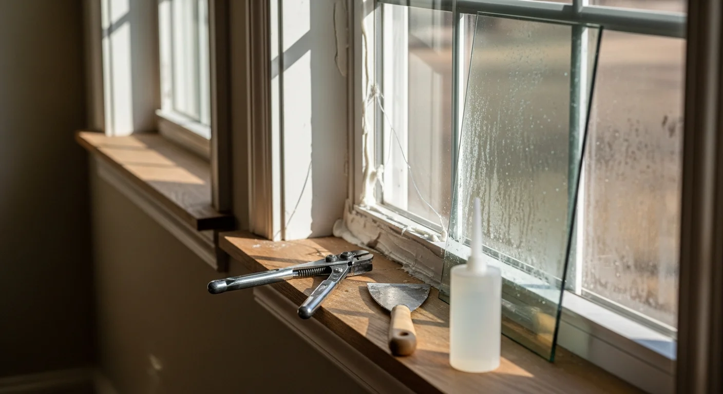 A Roof Puppy LLC technician inspecting a double-pane window frame on a residential home in Raleigh, NC. The window shows visible fogging between the glass panes, indicating a failed seal.