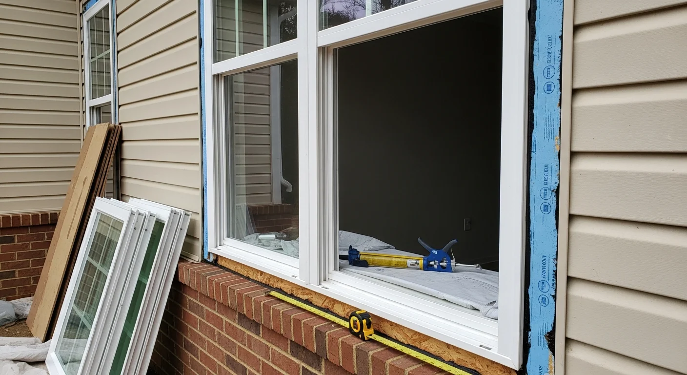 A Raleigh, NC home with newly installed replacement windows showing clean frames and clear glass on a brick exterior. A Roof Puppy LLC technician completes the final seal check on a ground-floor window opening.